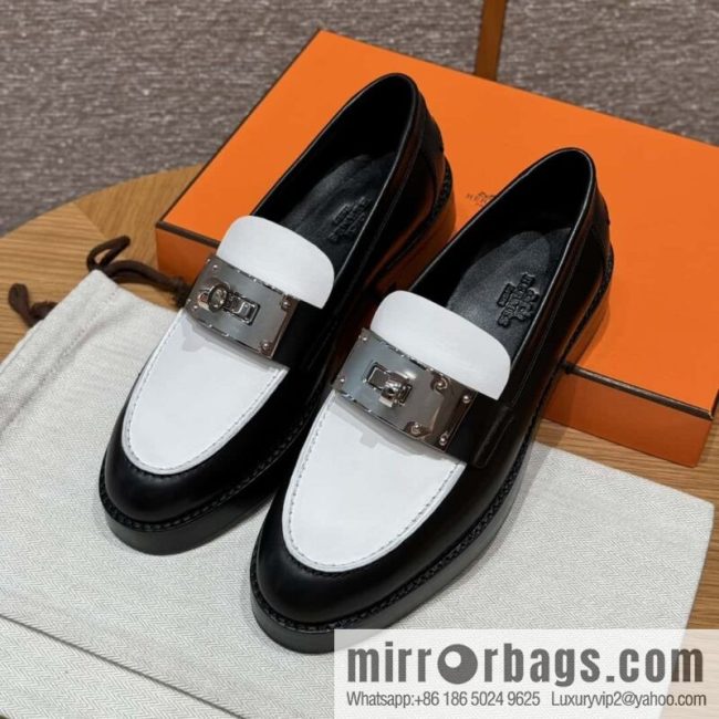 HERMES 101 Hot loafers, black with white/Black with white calfskin/Calfskin