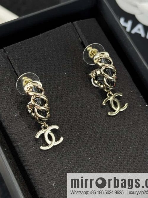 ❗️New ❗️☀️ New ☑️ Chanel c2 double c black leather rope stud earrings ☀️