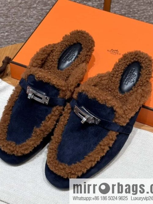 HERMES 188 Oz Mule, Navy/Marine/Gold/Gold Woolskin/Calfskin