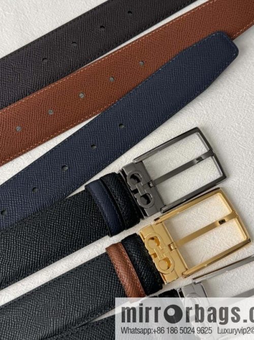 Ferragamo double-sided double-use imported cowhide cross texture, new logo pin-type metal buckle belt 3.5cm
