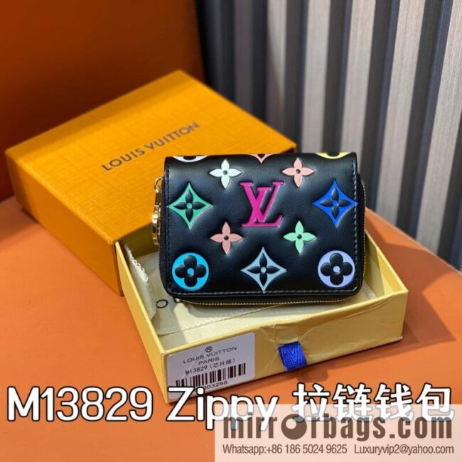 [Boutique‑grade] M13829 black silk screen, full leather single zipper short wallet