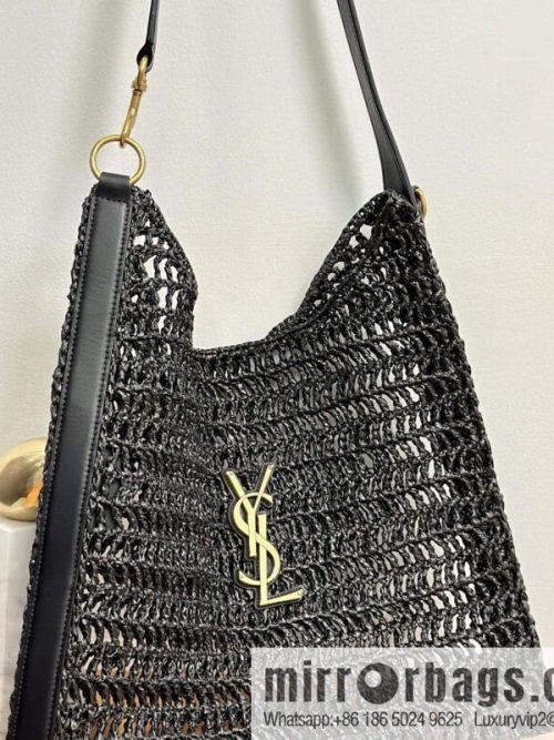 YSL 𝗢𝗫𝗔𝗟𝗜𝗦 raffia crocheted shoulder backpack 781289 black