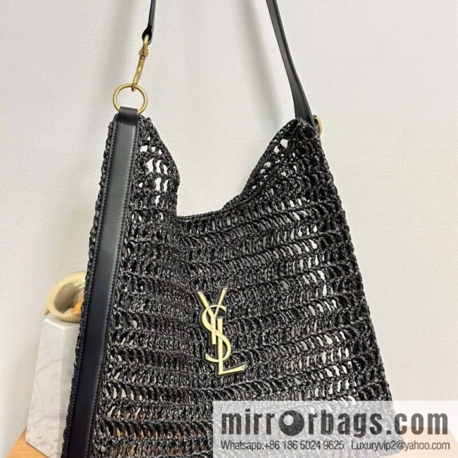 YSL 𝗢𝗫𝗔𝗟𝗜𝗦 raffia crocheted shoulder backpack 781289 black