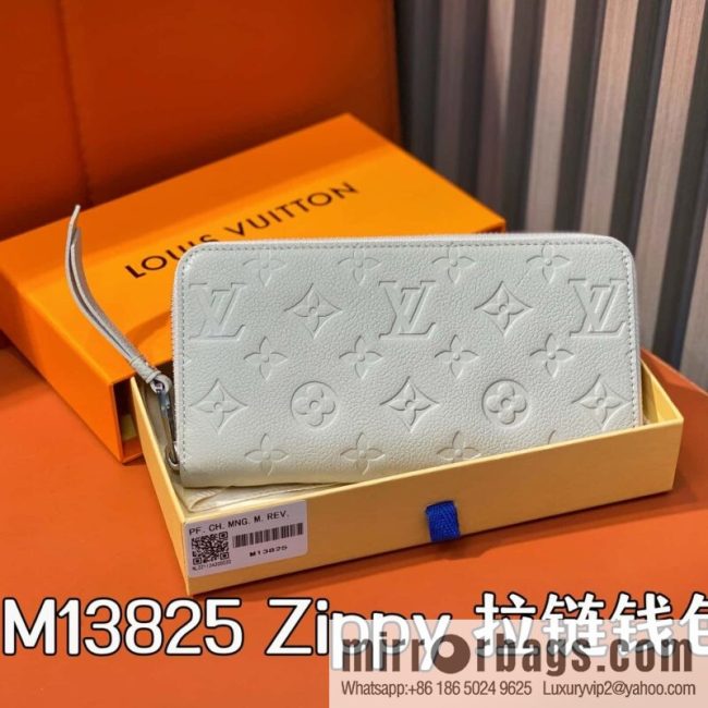 [Boutique‑grade] M13825 light gray full leather embossed, single zipper wallet zippy zipper wallet