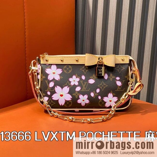 [Boutique‑grade] M13666 presbyopia, cherry blossom/Takashi Murakami, chain bag mahjong bag LVXTM POCHETTE mahjong bag