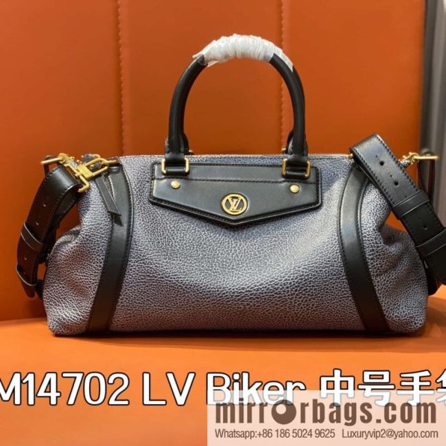 [Boutique‑grade] M14702 gray-blue, full leather locomotive bag LV Biker medium handbag, locomotive bag
