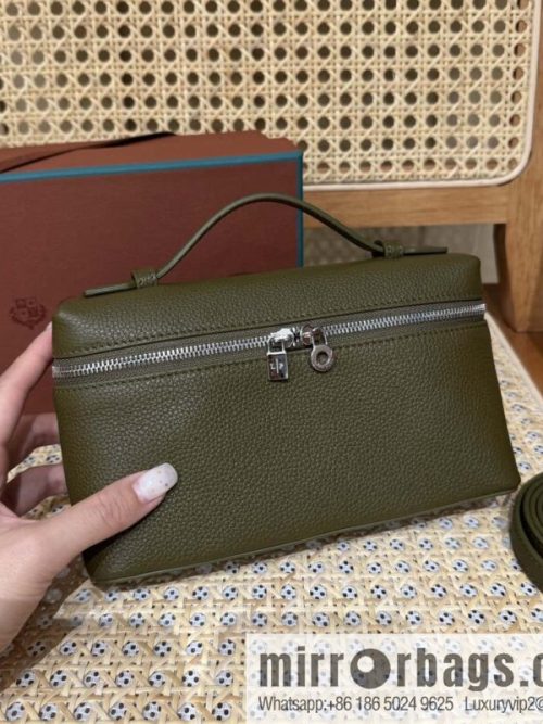 Loro Piana 2nd Generation Extra Pocket L19 Clutch Bag FAN4046 Olive Green Silver Buckle