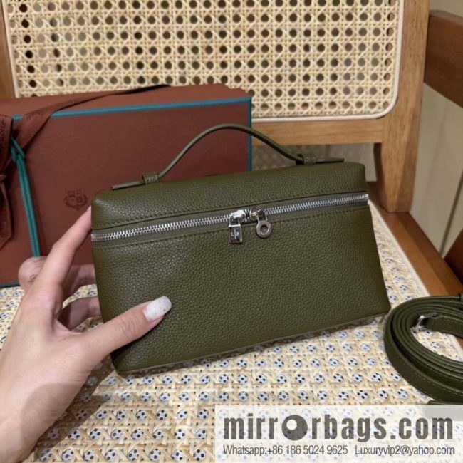 Loro Piana 2nd Generation Extra Pocket L19 Clutch Bag FAN4046 Olive Green Silver Buckle
