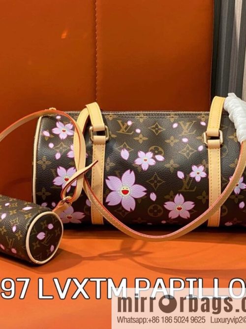[Original order boutique] M13097 old flower, cherry blossom silk screen printed Babylon round drum bag LVXTM PAPILLON handbag