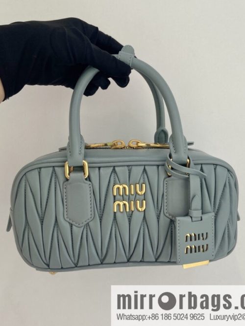 MIUMIU Sheepskin Textured Retro Rectangle Bag | Leather Bowling Bag 5BB142 Haze Blue