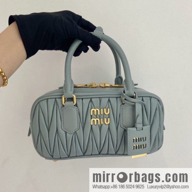 MIUMIU Sheepskin Textured Retro Rectangle Bag | Leather Bowling Bag 5BB142 Haze Blue