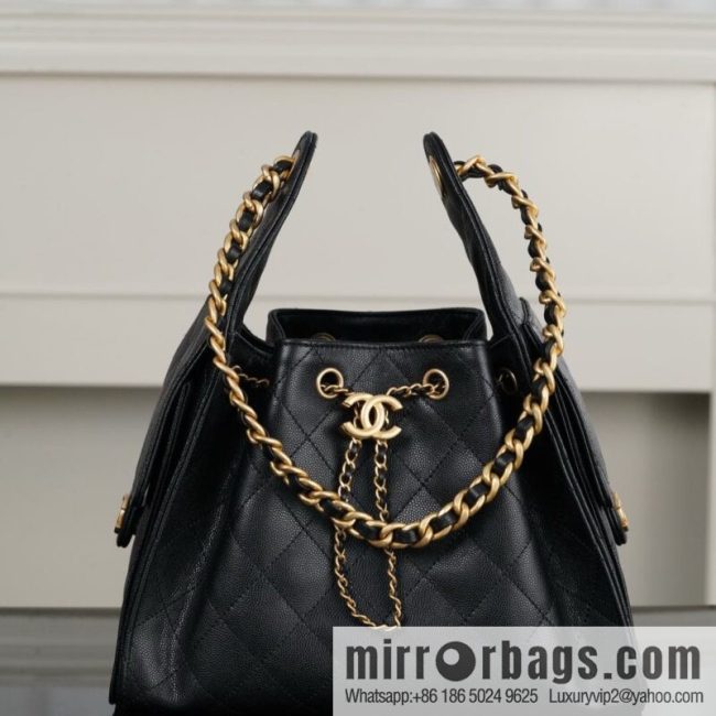 𝐂𝐡𝐚𝐧𝐞𝐥 𝟐𝟓𝐬 𝐬𝐦𝐚𝐥𝐥 𝐡𝐨𝐛𝐨 Drawstring Bucket Bag, Black Gold Caviar, Small ✔️ AS5293