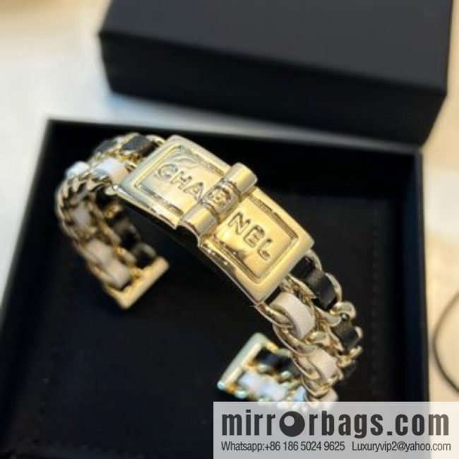 New ☑️ CHANEL Chanel double c black and white leather rope open bracelet