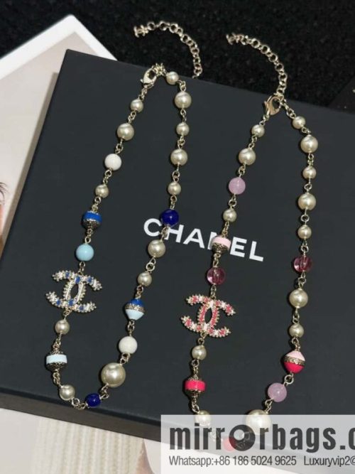 ❗️New ❗️☀️ New ☑️ Chanel Double C Vertical Bar Oil Drop Blue Pink Pearl Necklace ☀️
