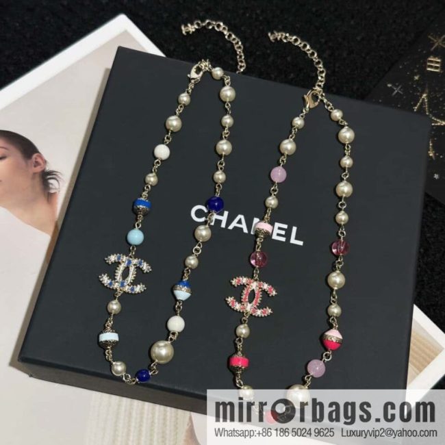 ❗️New ❗️☀️ New ☑️ Chanel Double C Vertical Bar Oil Drop Blue Pink Pearl Necklace ☀️