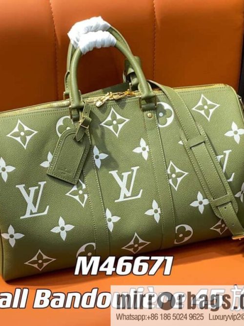 [Original order boutique] M46671 grass green, full leather embossed silk screen printing travel bag series Keepall Bandoulière 45 travel bag M46670 M46671