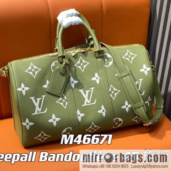 [Original order boutique] M46671 grass green, full leather embossed silk screen printing travel bag series Keepall Bandoulière 45 travel bag M46670 M46671