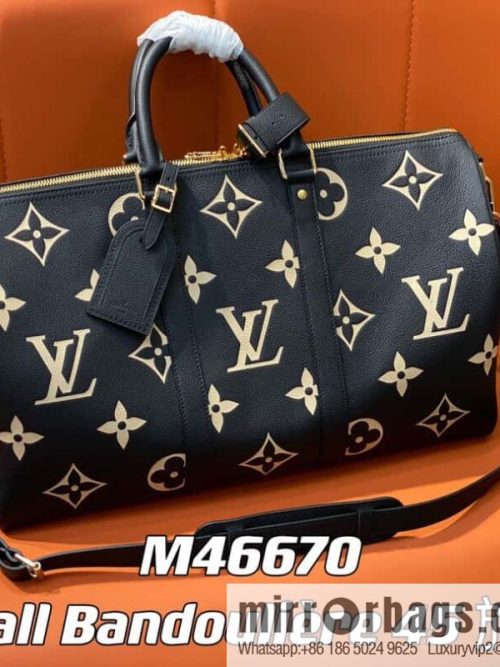[Original single boutique] M46670 black full leather embossed silk screen printing travel bag series Keepall Bandoulière 45 travel bag M46670 M46671