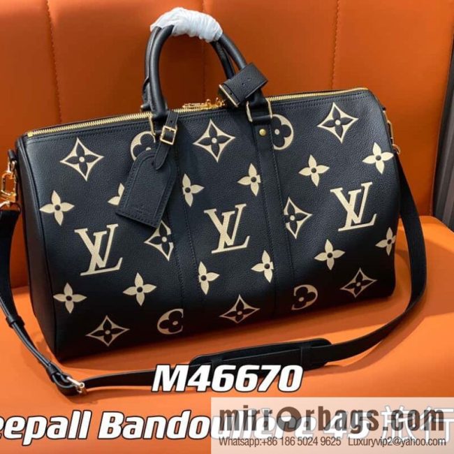 [Original single boutique] M46670 black full leather embossed silk screen printing travel bag series Keepall Bandoulière 45 travel bag M46670 M46671