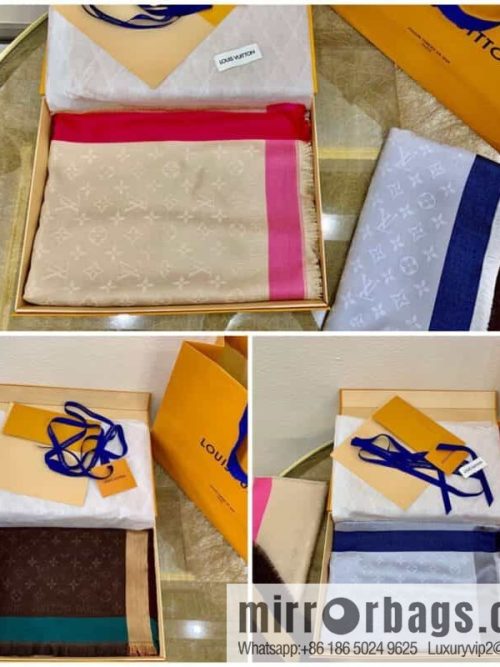 LV Louis Vuitton On The Edge Monogram Wool Mulberry Silk Blended Shawl M76371 M76465 M76372