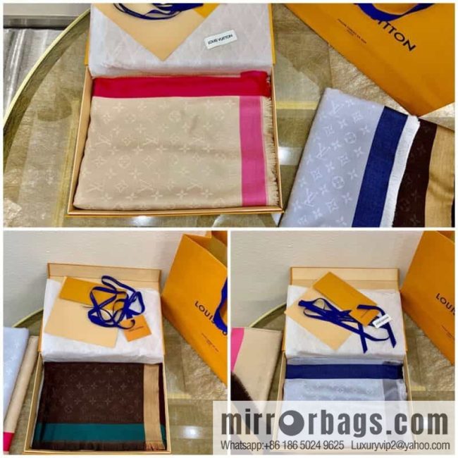 LV Louis Vuitton On The Edge Monogram Wool Mulberry Silk Blended Shawl M76371 M76465 M76372
