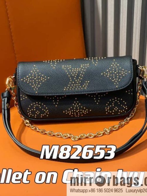 [Original single boutique] M82653 black full leather willow nail chain bag series Wallet on Chain Ivy handbag