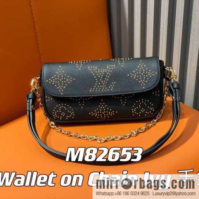 [Original single boutique] M82653 black full leather willow nail chain bag series Wallet on Chain Ivy handbag