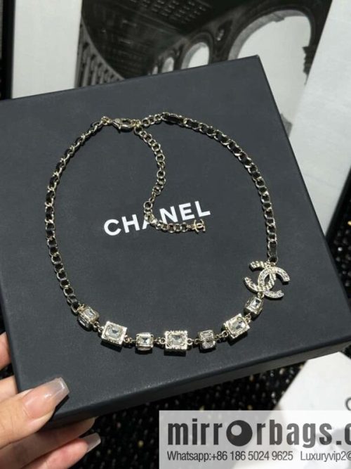 ☀️New ☑️ Chanel Double C Square Diamond Black Leather Rope Necklace ☀️