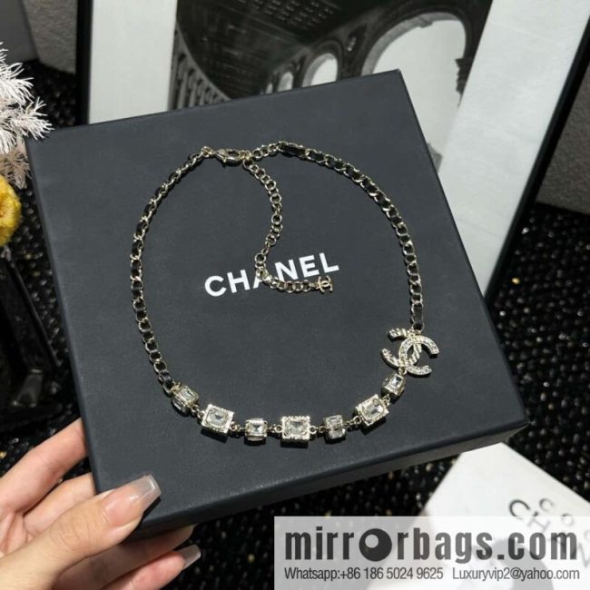 ☀️New ☑️ Chanel Double C Square Diamond Black Leather Rope Necklace ☀️