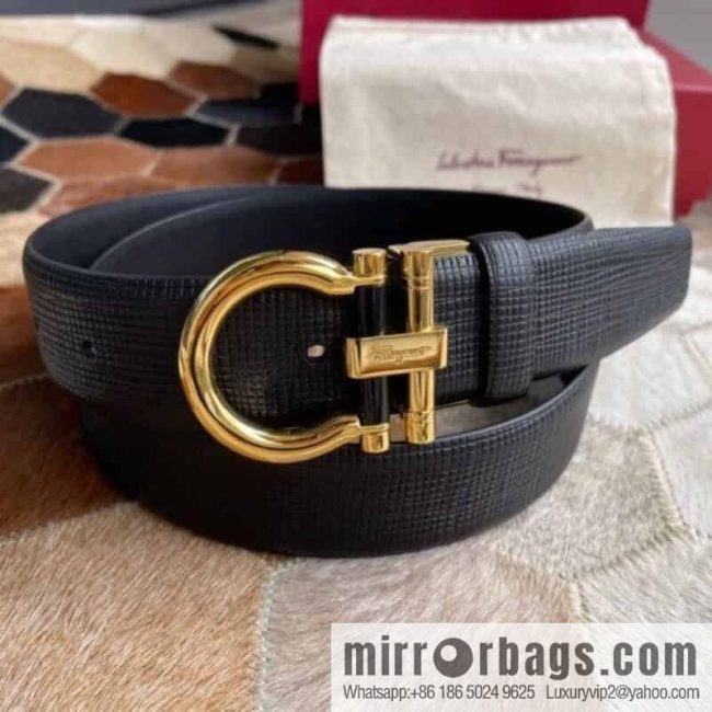 Salvatore Ferragamo (Italy) Men\'s Belt 3.5cm Imported First Layer Cowhide Pressed Texture Delicate Semicircular Metal Buckle Belt - Image 4