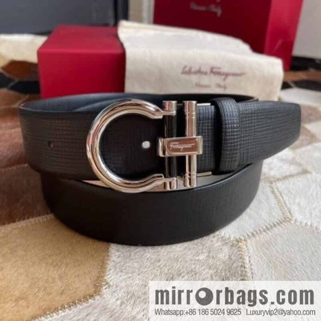 Salvatore Ferragamo (Italy) Men\'s Belt 3.5cm Imported First Layer Cowhide Pressed Texture Delicate Semicircular Metal Buckle Belt - Image 3