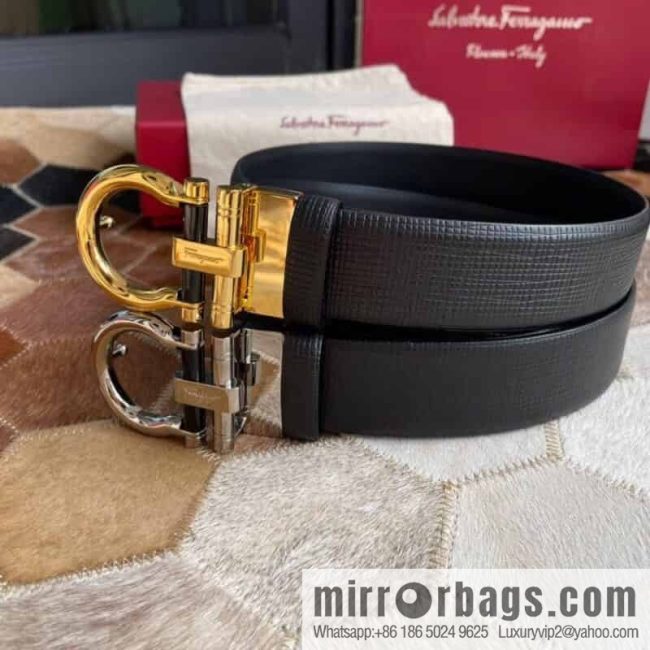 Salvatore Ferragamo (Italy) Men\'s Belt 3.5cm Imported First Layer Cowhide Pressed Texture Delicate Semicircular Metal Buckle Belt - Image 2