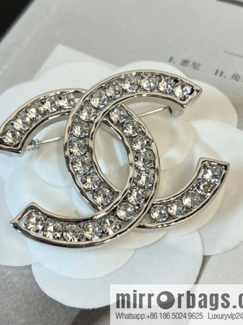 New, Chanel Silver Double C Full Diamond Brooch