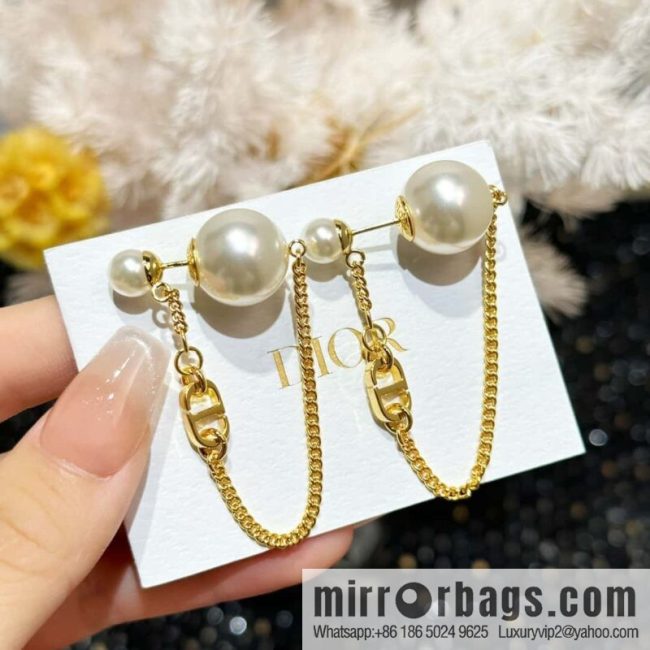 New ☑️ DIOR gold CD size pearl tassel stud earrings
