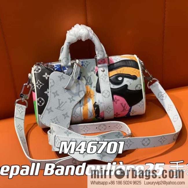 [Original order boutique] M46701 white flower, men\'s bag pillow bag series Keepall Bandoulière 25 handbag LVPortrait series shoulder backpack