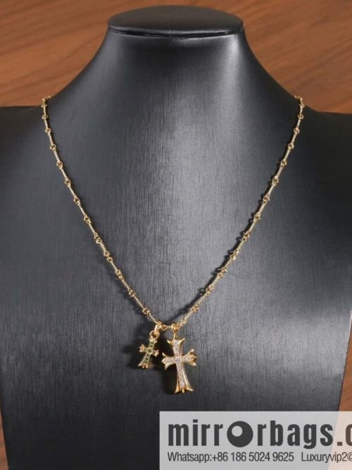☀New Crowe Heart Green Diamond Double Cross Necklace ☀