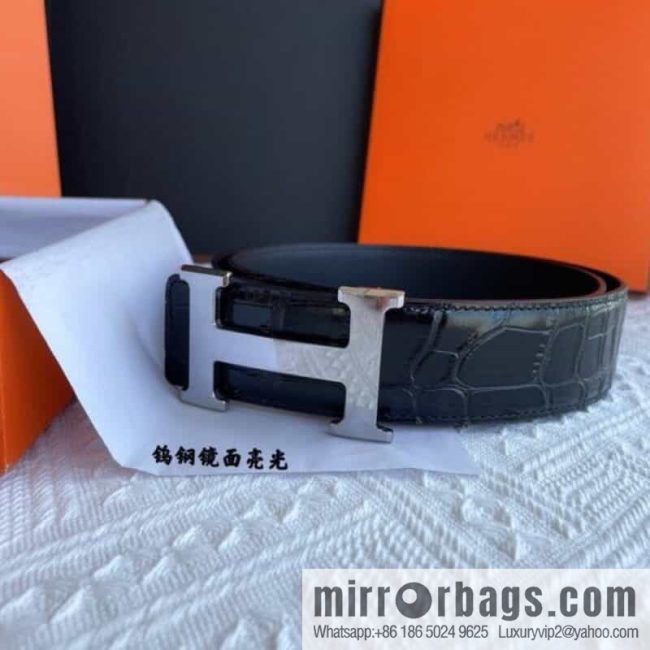 Hermes Hermes, exquisite Wu Gang glossy buckle, imported cowhide pressed crocodile pattern cowhide belt 38cm - Image 2