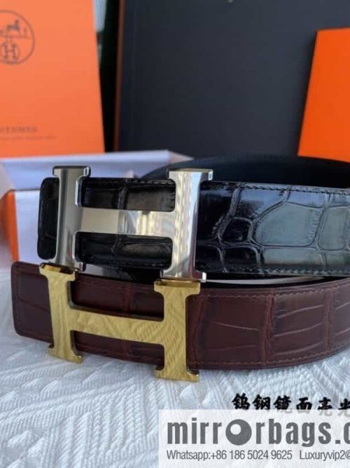 Hermes Hermes, exquisite Wu Gang glossy buckle, imported cowhide pressed crocodile pattern cowhide belt 38cm