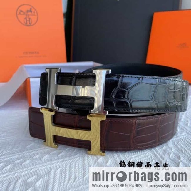 Hermes Hermes, exquisite Wu Gang glossy buckle, imported cowhide pressed crocodile pattern cowhide belt 38cm
