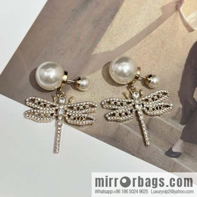 New ☑️ DIOR Dior size pearl dragonfly stud earrings
