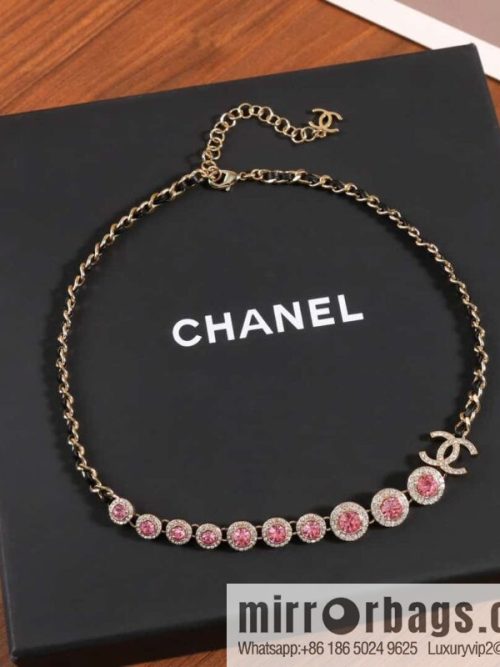 ☀️New ☑️ Chanel Double C Black Leather Rope Pink Diamond Necklace ☀️