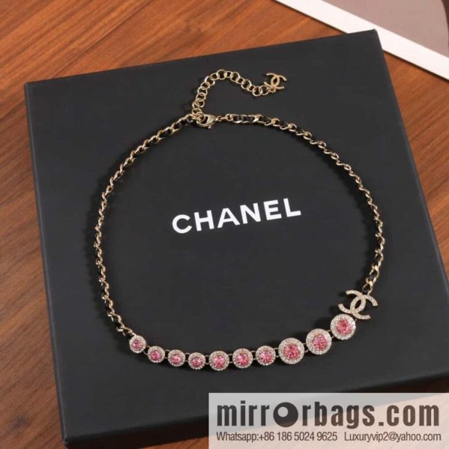 ☀️New ☑️ Chanel Double C Black Leather Rope Pink Diamond Necklace ☀️
