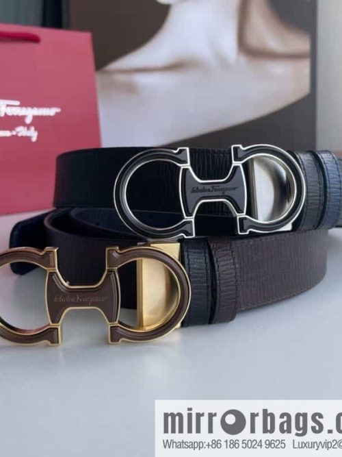 Ferragamo Men\'s Exquisite Acrylic Metal Buckle Top Cowhide Double-sided External Belt 3.5cm