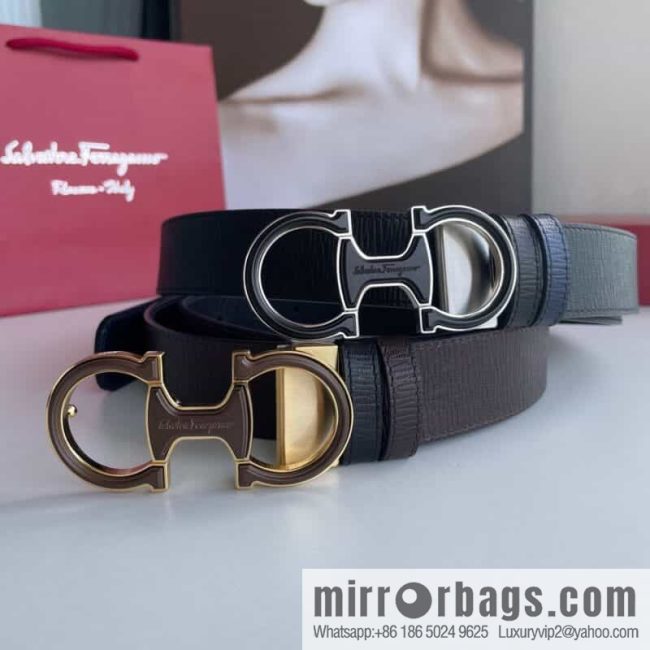 Ferragamo Men\'s Exquisite Acrylic Metal Buckle Top Cowhide Double-sided External Belt 3.5cm