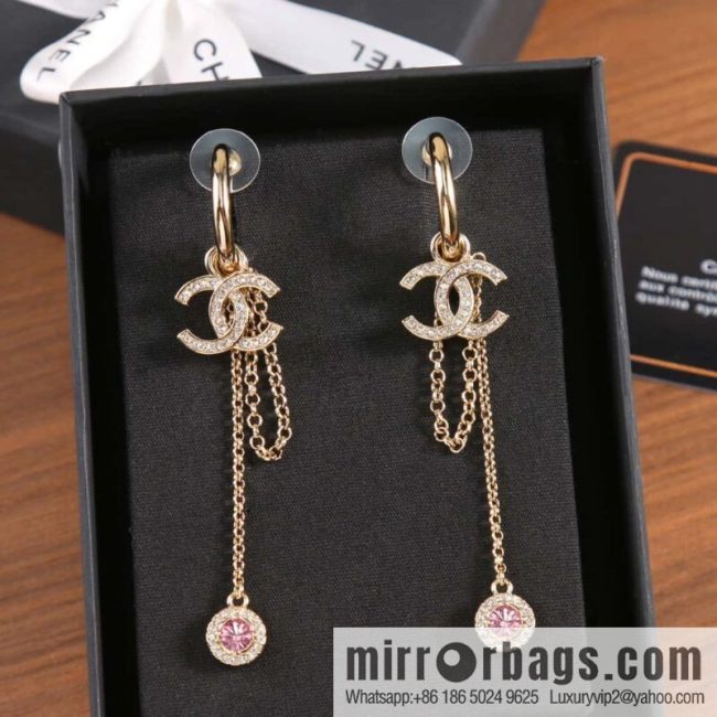 New ☑️ CHANEL Chanel c2 double c tassel pink diamond round stud earrings