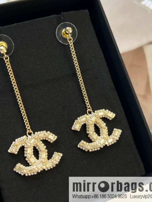 New CHANEL Chanel c2 double c long full diamond stud earrings
