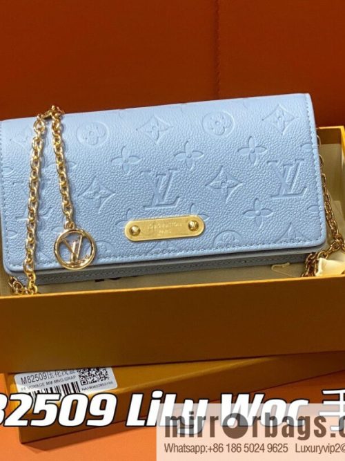 [Original single boutique] M82509 light blue, full leather embossed chain bag series chain bag woc series LiLy Woc handbag