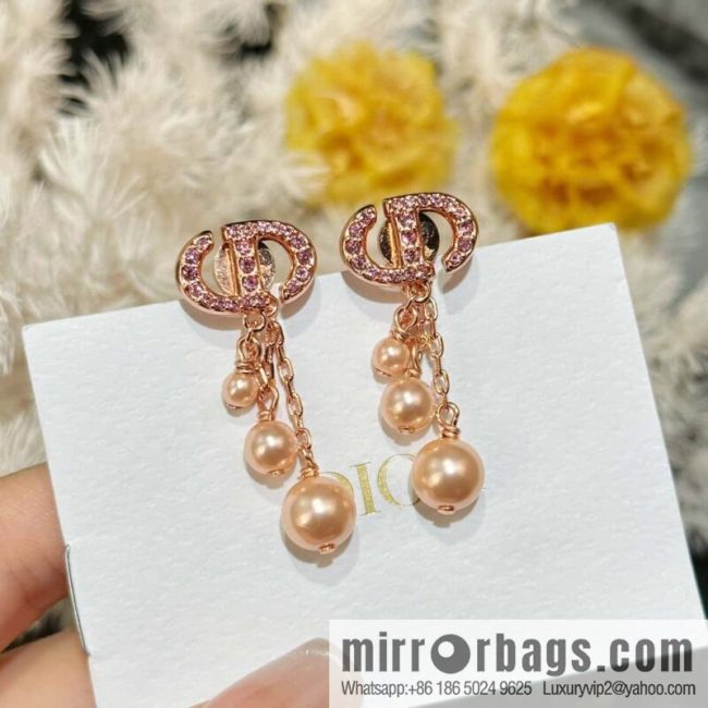 ☀️New ☑️ Dior pink diamond rose gold fringed pearl stud earrings ☀️