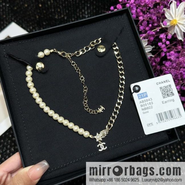 ☀️New ☑️ Chanel Double C Pentagram ⭐ Star Wings Pearl Necklace ☀️