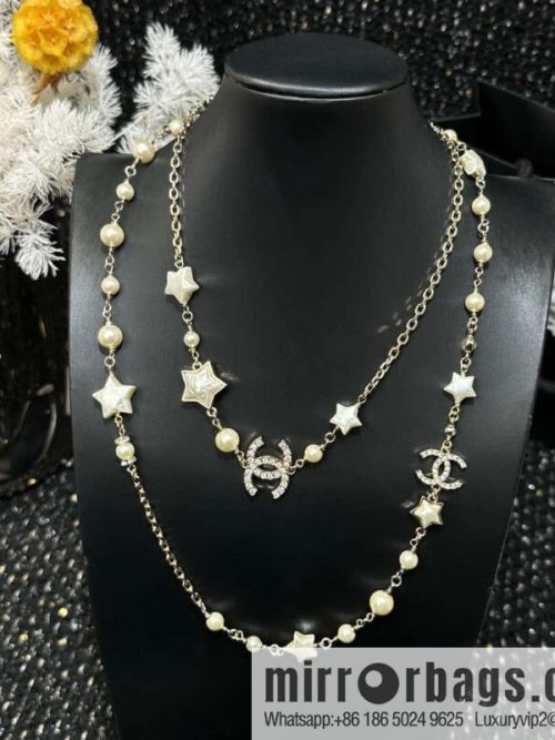 ☀️New ☑️ Chanel Double C Pentagram ⭐ Star Pearl Sweater Chain Necklace ☀️